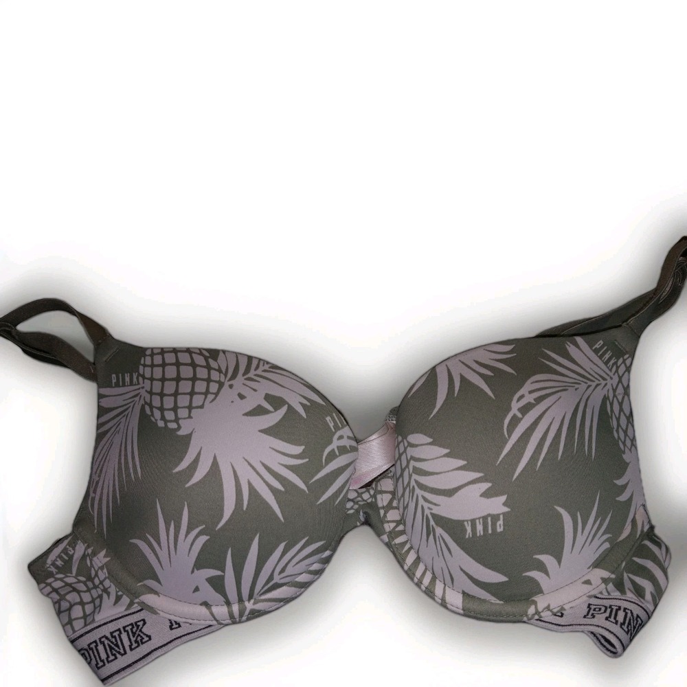 Victoria's‎ Secret PINK T Shirt Lightly Lined Bra 34A Pineapple Green & White